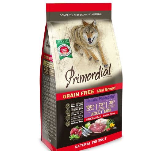 Купить PRIMORDIAL MINI ADULT 2кг сухой корм для собак мелких пород беззерновой сардина гусь