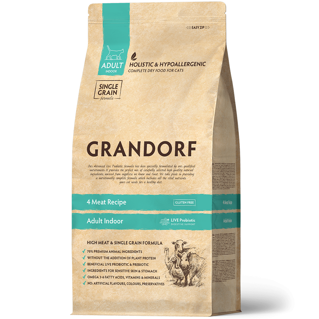 Купить GRANDORF Indoor сухой корм для домашних кошек, четыре вида мяса с бурым рисом 2кг