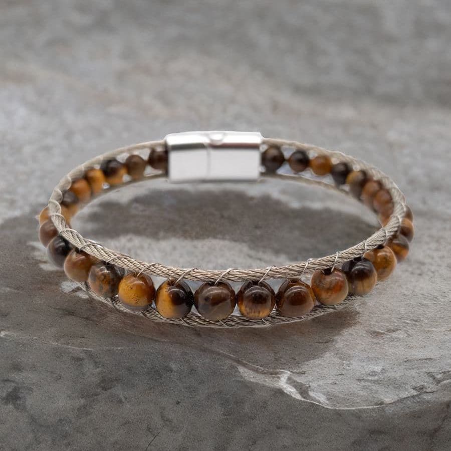 Купить Тигровый глаз, ювелирная сталь. Браслет мужской / женский из натуральных камней Тигровый глаз (арт. DMBR013)