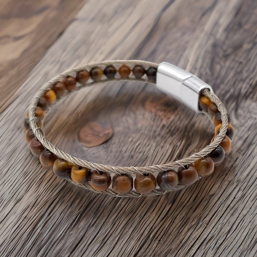 Купить Тигровый глаз, ювелирная сталь. Браслет мужской / женский из натуральных камней Тигровый глаз (арт. DMBR013)