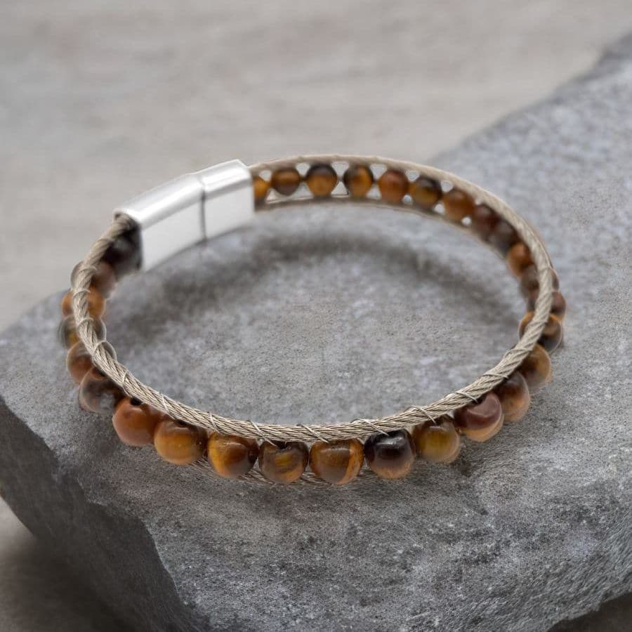 Купить Тигровый глаз, ювелирная сталь. Браслет мужской / женский из натуральных камней Тигровый глаз (арт. DMBR013)