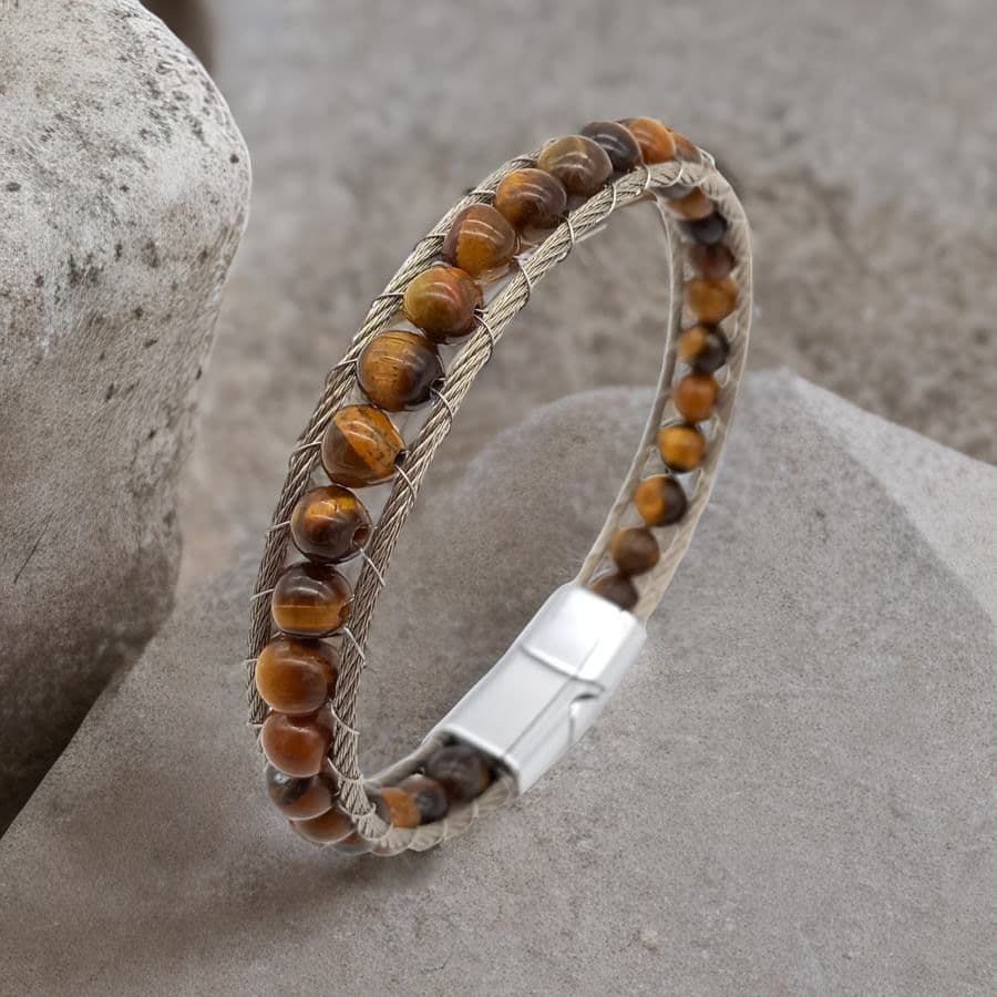 Купить Тигровый глаз, ювелирная сталь. Браслет мужской / женский из натуральных камней Тигровый глаз (арт. DMBR013)