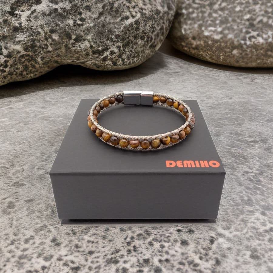 Купить Тигровый глаз, ювелирная сталь. Браслет мужской / женский из натуральных камней Тигровый глаз (арт. DMBR013)