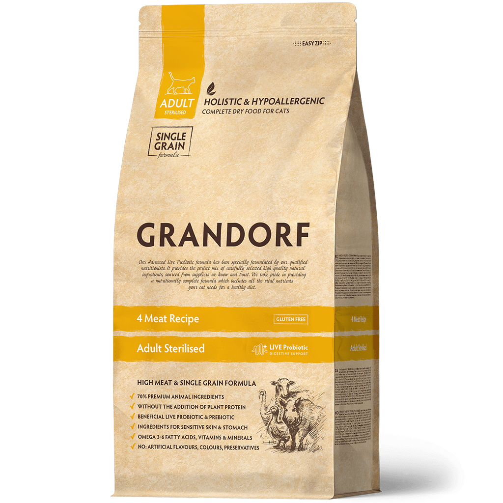 Купить GRANDORF GRANDORF Sterilised сухой корм для стерилизованных кошек, четыре вида мяса с бурым рисом 2кг