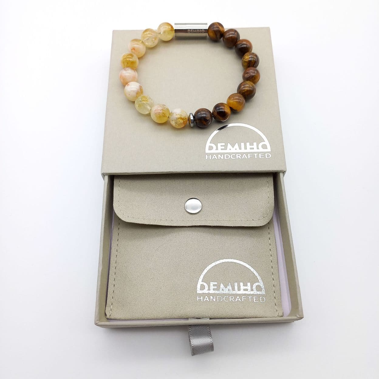 Купить Цитрин и тигровый глаз 10 мм. Браслет женский / мужской из натуральных камней, магнитный замок, сталь (арт. ODB006)