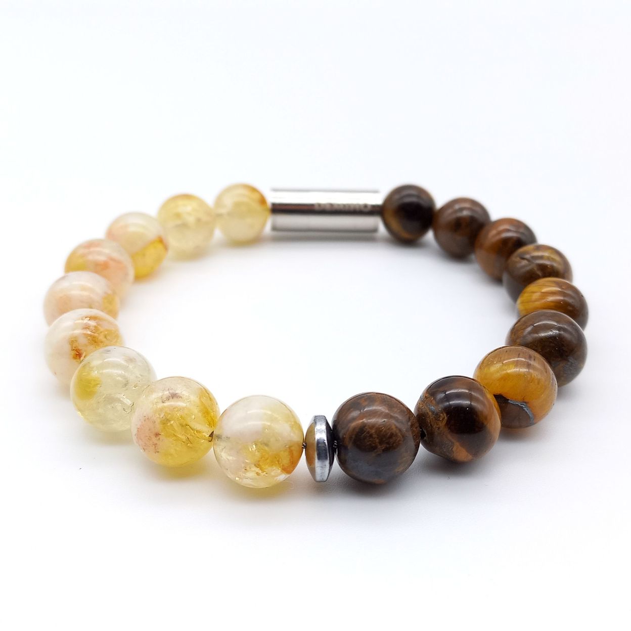 Купить Цитрин и тигровый глаз 10 мм. Браслет женский / мужской из натуральных камней, магнитный замок, сталь (арт. ODB006)