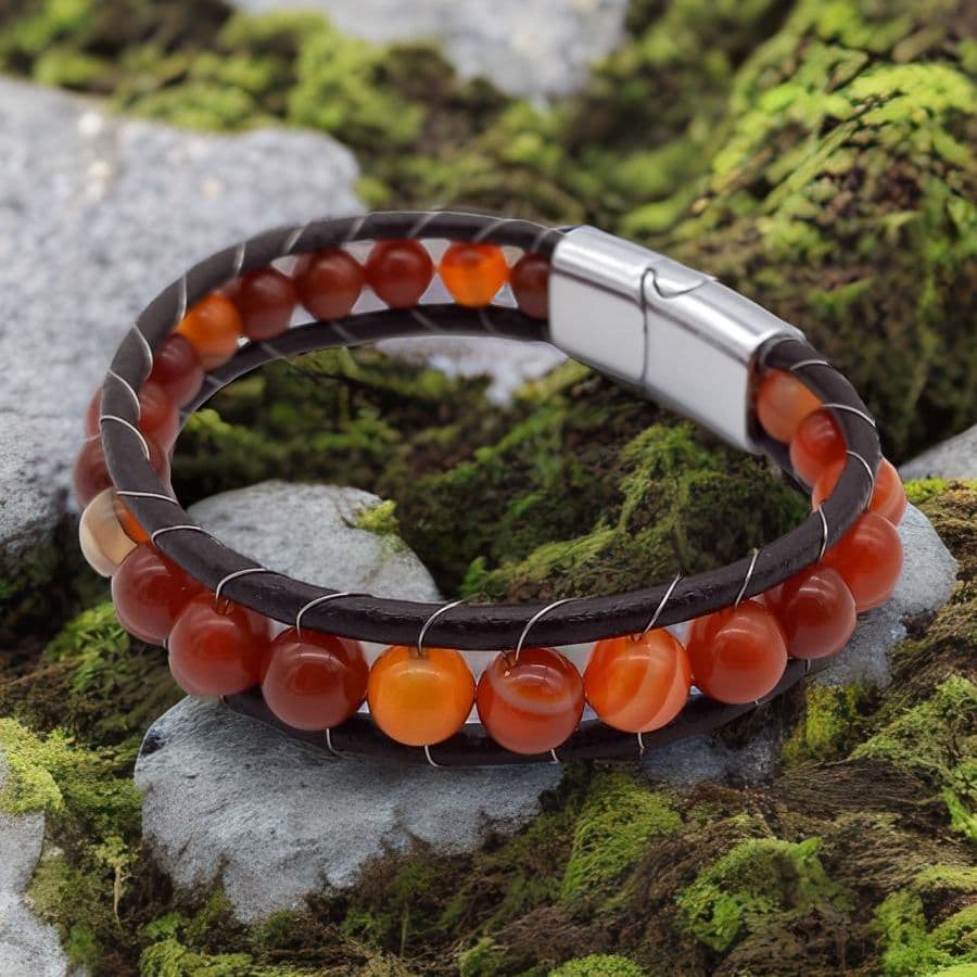 Купить Агат красный, кожа, сталь. Браслет мужской / женский кожаный из натуральных камней Агат красный (арт. DMBR011)