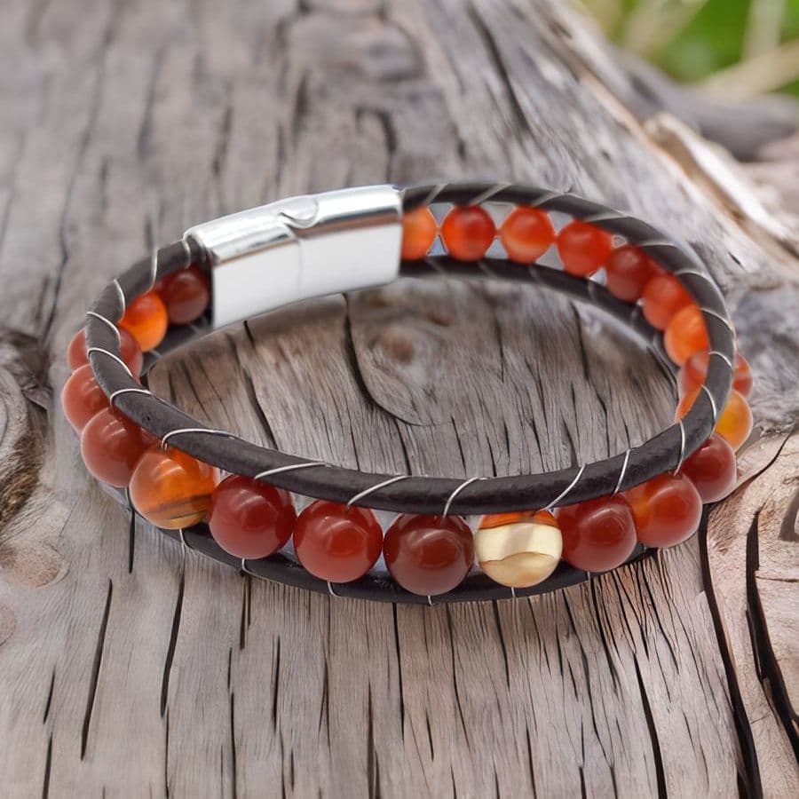 Купить Агат красный, кожа, сталь. Браслет мужской / женский кожаный из натуральных камней Агат красный (арт. DMBR011)