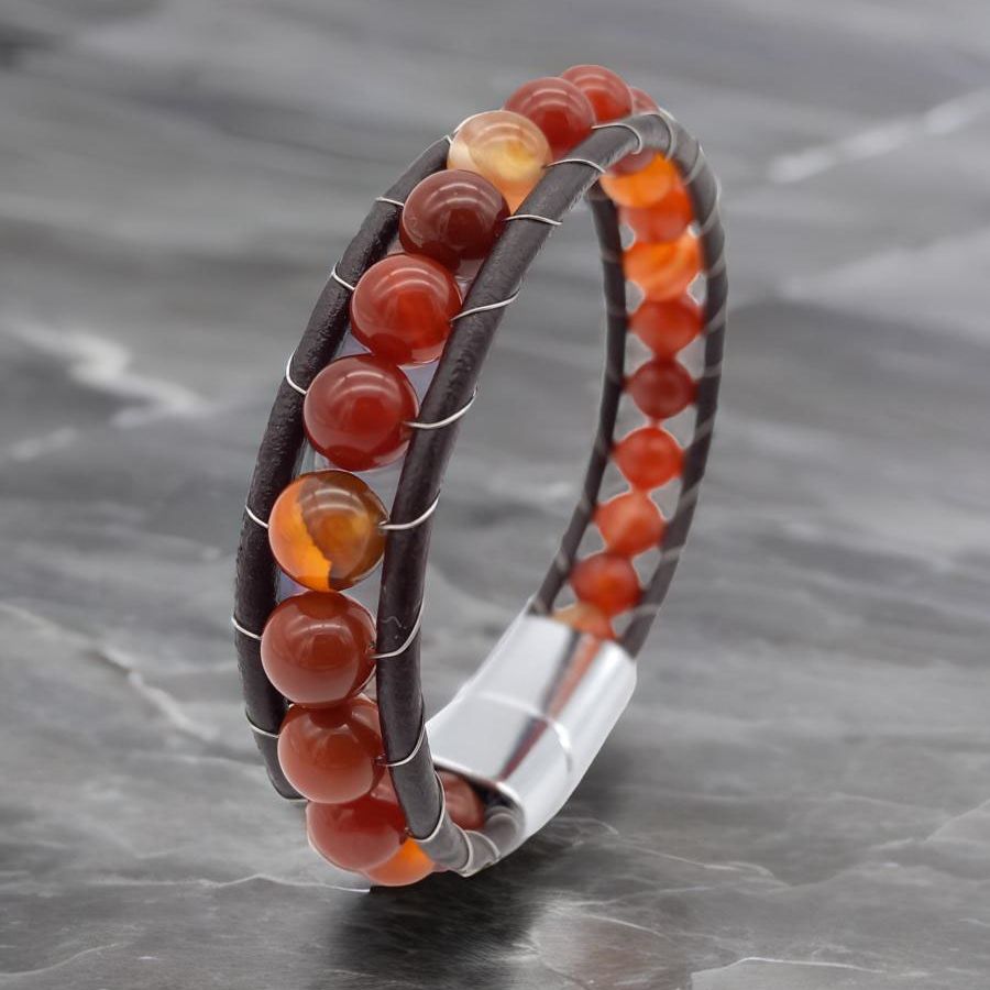 Купить Агат красный, кожа, сталь. Браслет мужской / женский кожаный из натуральных камней Агат красный (арт. DMBR011)