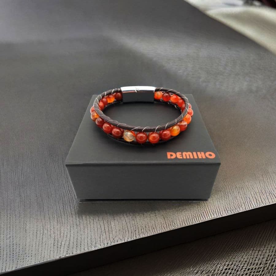 Купить Агат красный, кожа, сталь. Браслет мужской / женский кожаный из натуральных камней Агат красный (арт. DMBR011)