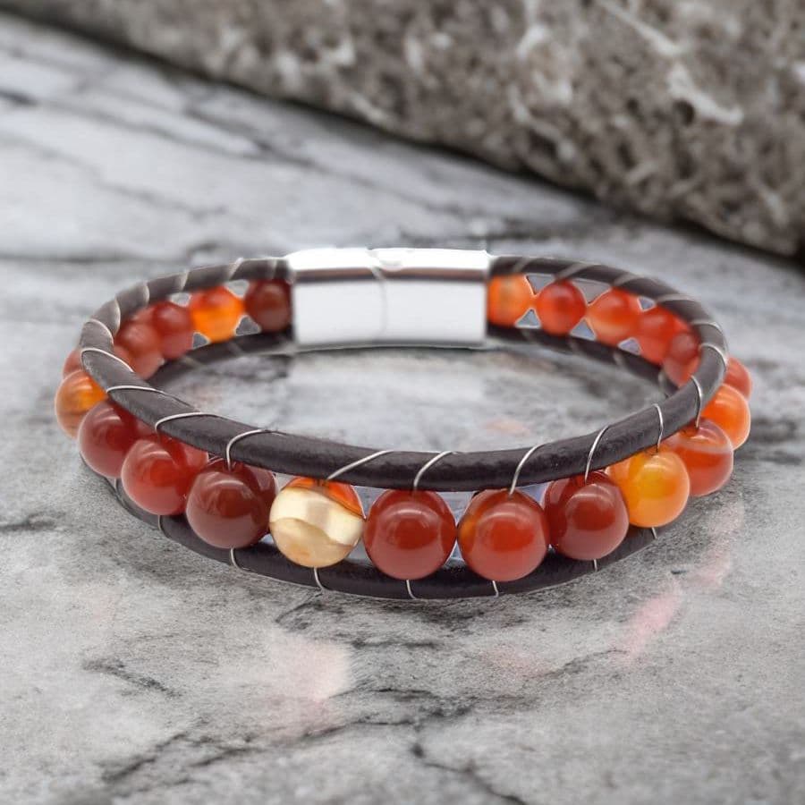 Купить Агат красный, кожа, сталь. Браслет мужской / женский кожаный из натуральных камней Агат красный (арт. DMBR011)