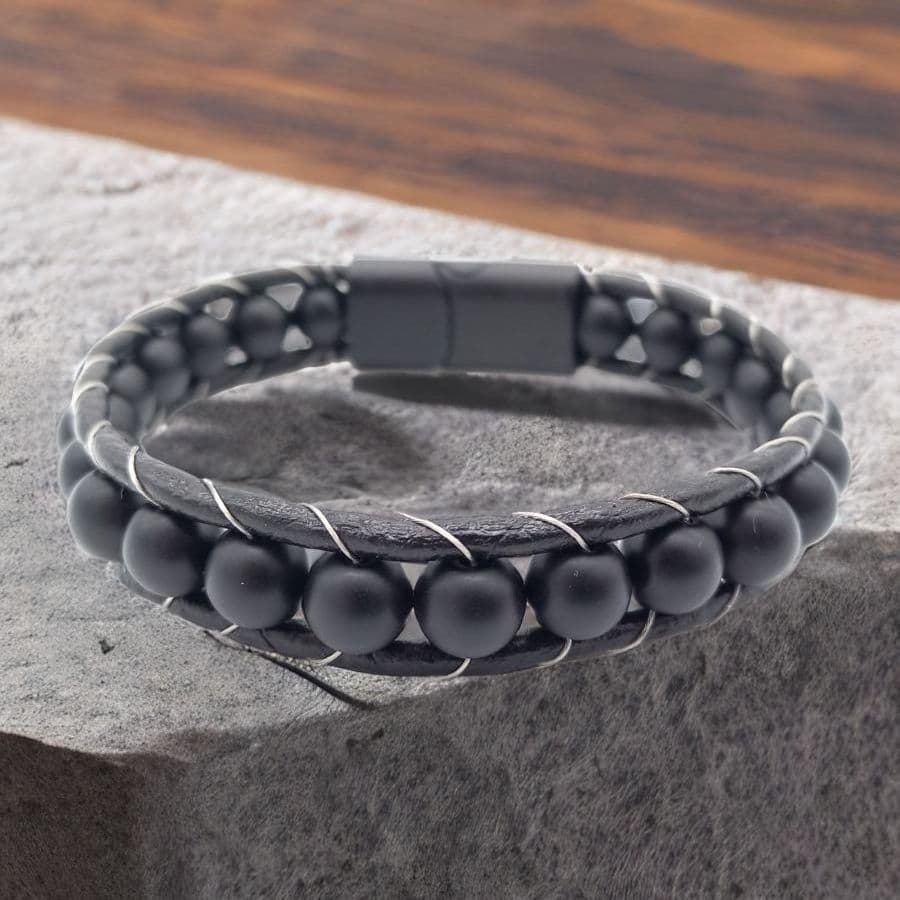 Купить Оникс матовый, кожа, сталь. Браслет мужской / женский кожаный из натуральных камней Оникс черный матовый (арт. DMBR003)