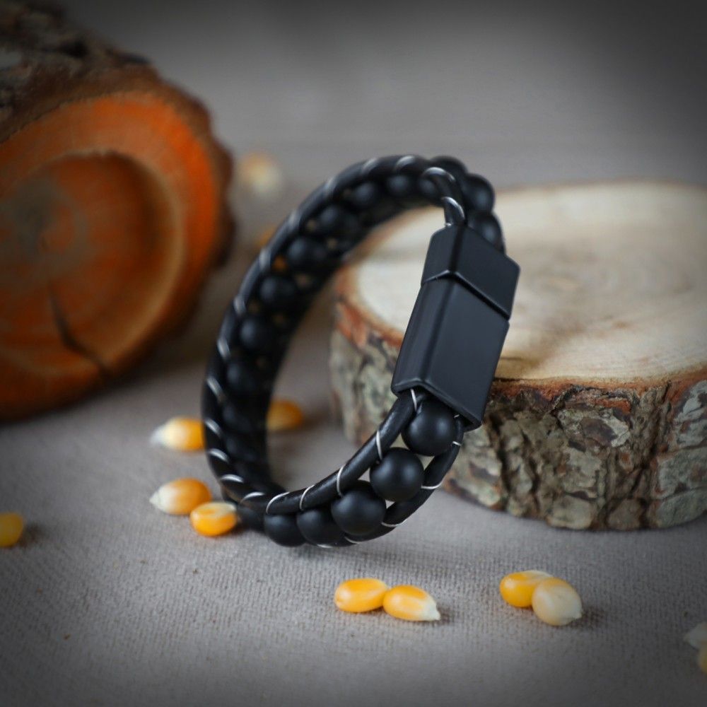 Купить Оникс матовый, кожа, сталь. Браслет мужской / женский кожаный из натуральных камней Оникс черный матовый (арт. DMBR003)