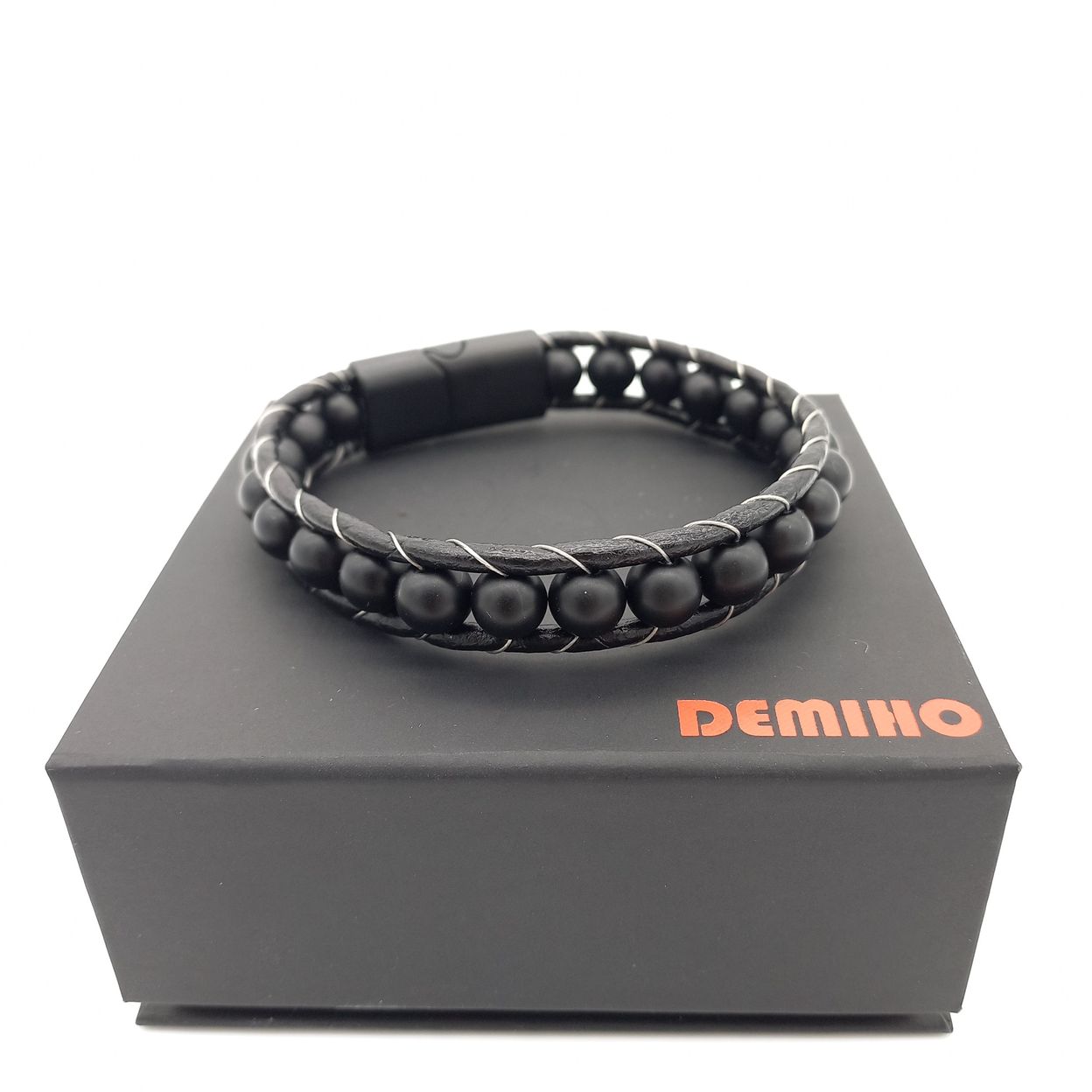 Купить Оникс матовый, кожа, сталь. Браслет мужской / женский кожаный из натуральных камней Оникс черный матовый (арт. DMBR003)