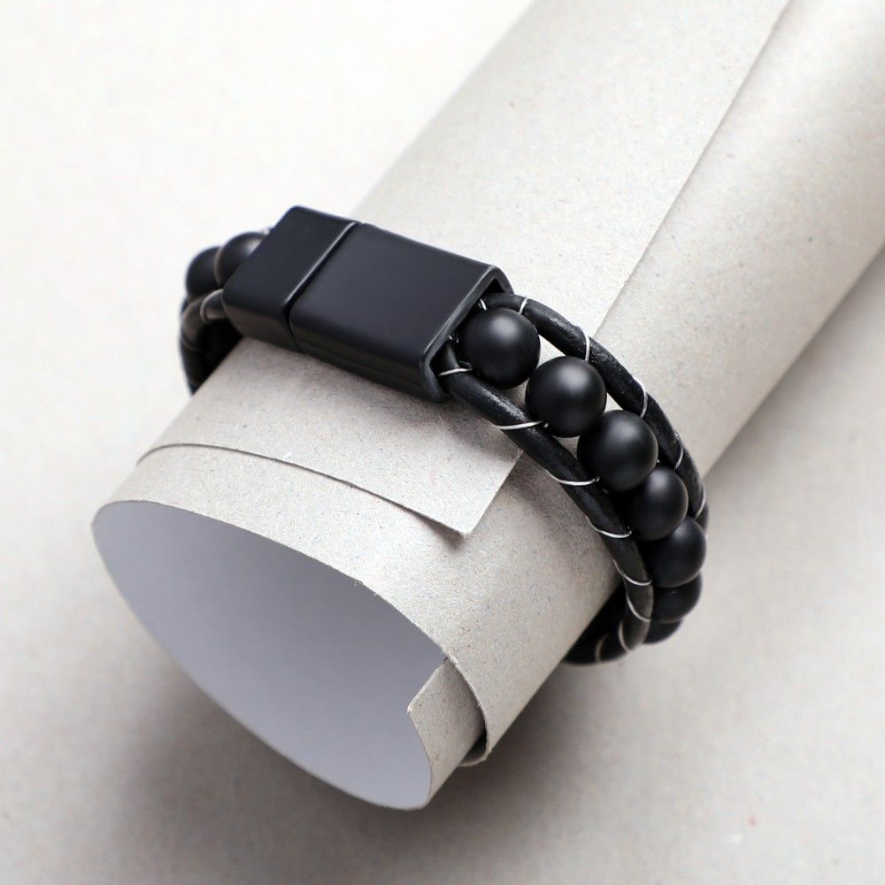 Купить Оникс матовый, кожа, сталь. Браслет мужской / женский кожаный из натуральных камней Оникс черный матовый (арт. DMBR003)