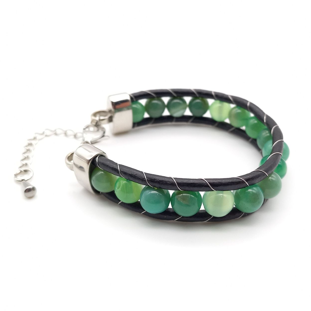 Купить Агат зеленый, кожа, сталь. Браслет женский кожаный из натуральных камней Агат зеленый (арт. DMBR010W)