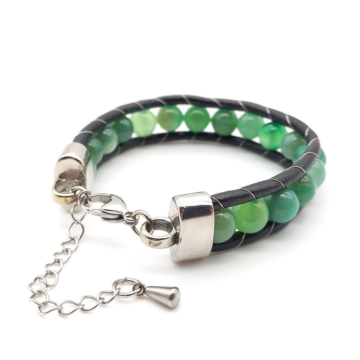 Купить Агат зеленый, кожа, сталь. Браслет женский кожаный из натуральных камней Агат зеленый (арт. DMBR010W)