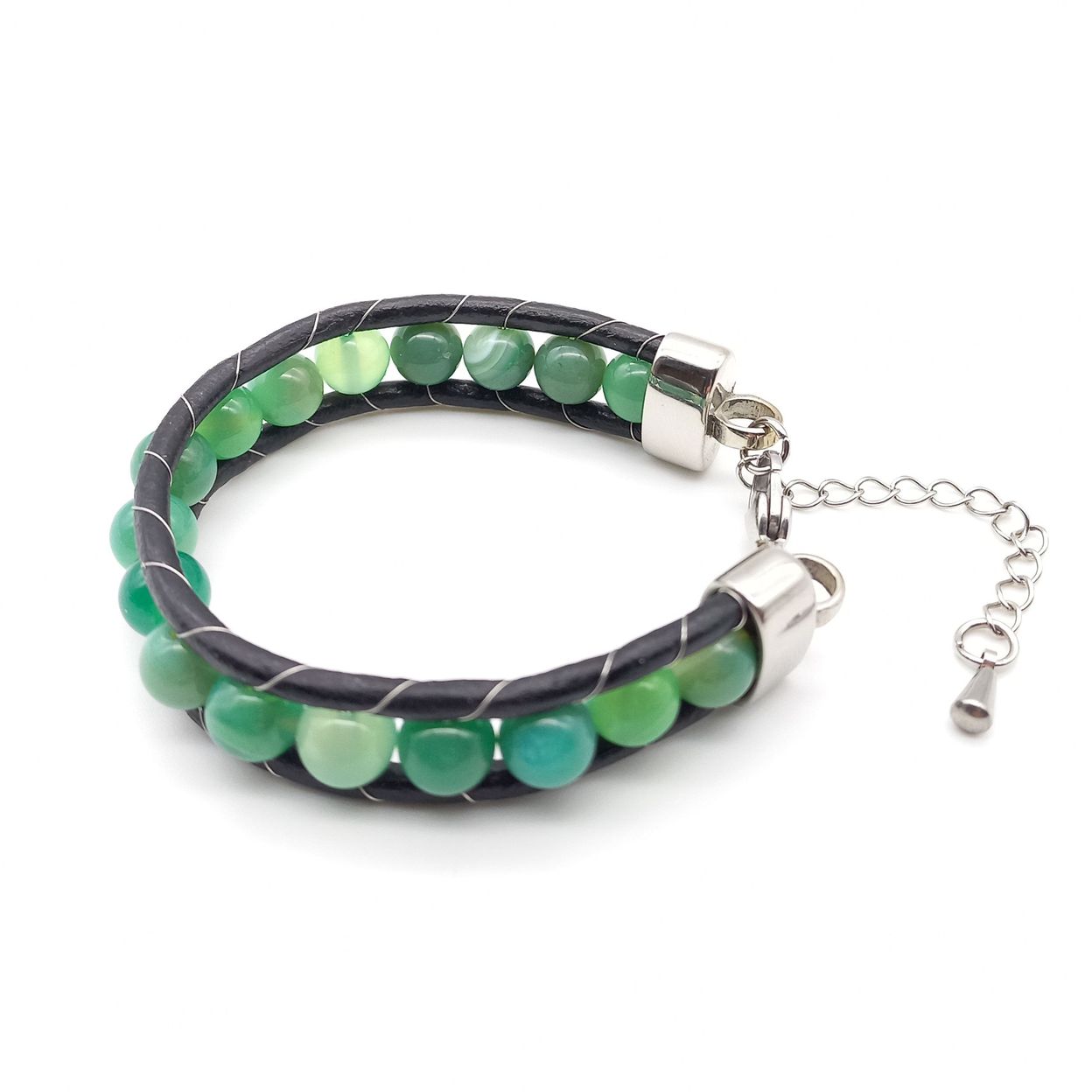 Купить Агат зеленый, кожа, сталь. Браслет женский кожаный из натуральных камней Агат зеленый (арт. DMBR010W)