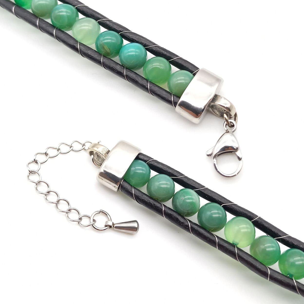 Купить Агат зеленый, кожа, сталь. Браслет женский кожаный из натуральных камней Агат зеленый (арт. DMBR010W)