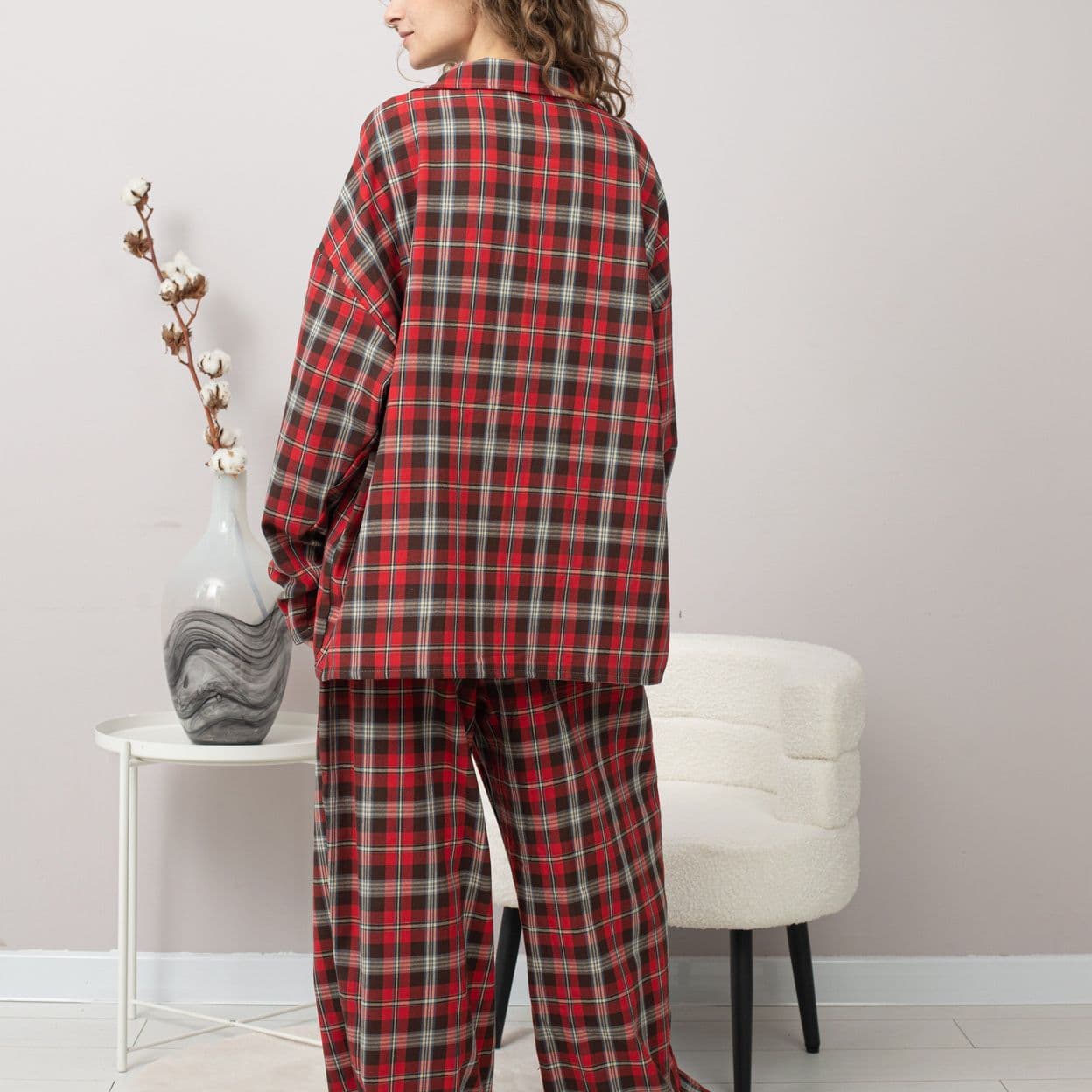 Купить Пижама теплая из хлопка фуле в красную клетку, onesize унисекс. УЦЕНКА