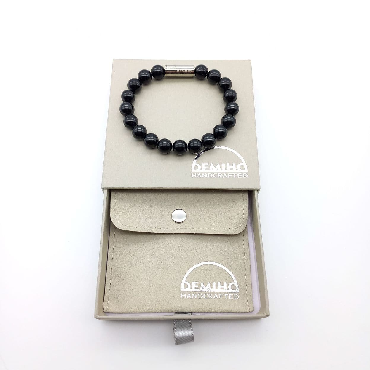 Купить Турмалин черный 10 мм. Браслет мужской / женский из натуральных камней, магнитный замок, сталь (арт.ODB002)