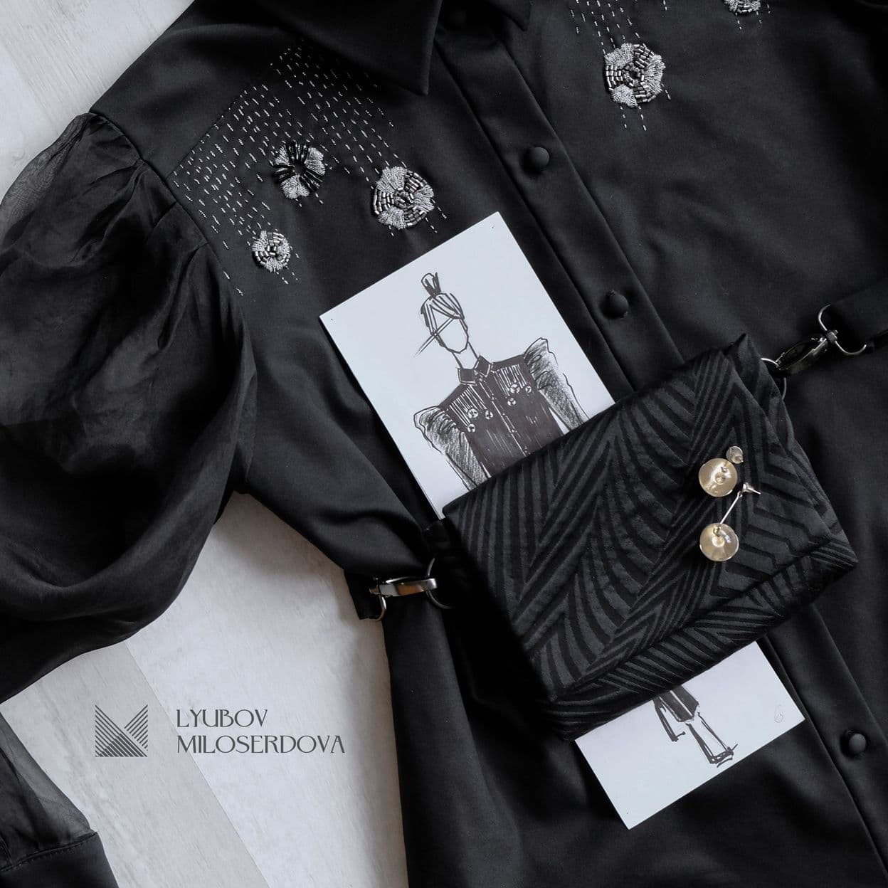 Купить Черная сорочка с рукавами из органзы