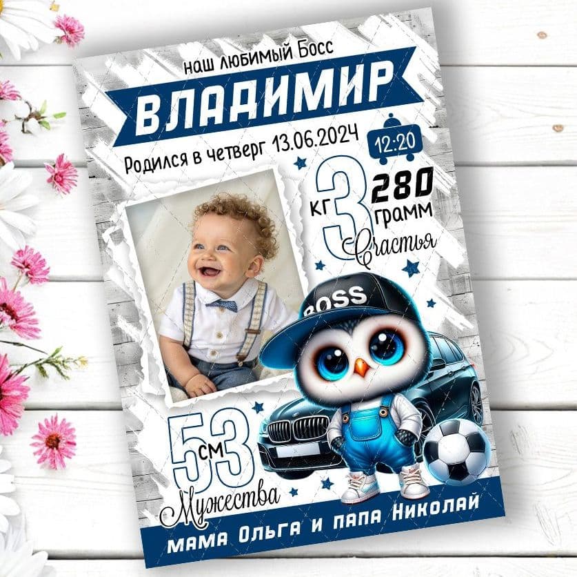 Купить Метрика "Сова" для мальчика