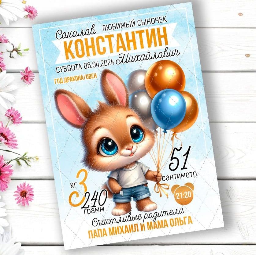 Купить Метрика "Зайка с шариками" для мальчика