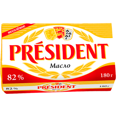 Купить МАСЛО СЛИВОЧНОЕ PRESIDENT НЕСОЛЕНОЕ 82% 180 Г.