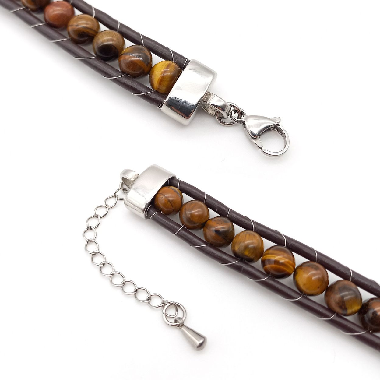 Купить Тигровый глаз, кожа, сталь. Браслет женский кожаный из натуральных камней Тигровый глаз (арт. DMBR002W)