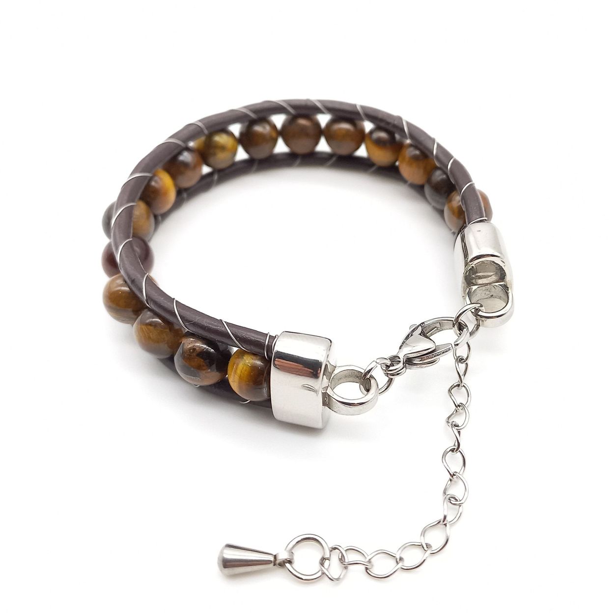 Купить Тигровый глаз, кожа, сталь. Браслет женский кожаный из натуральных камней Тигровый глаз (арт. DMBR002W)