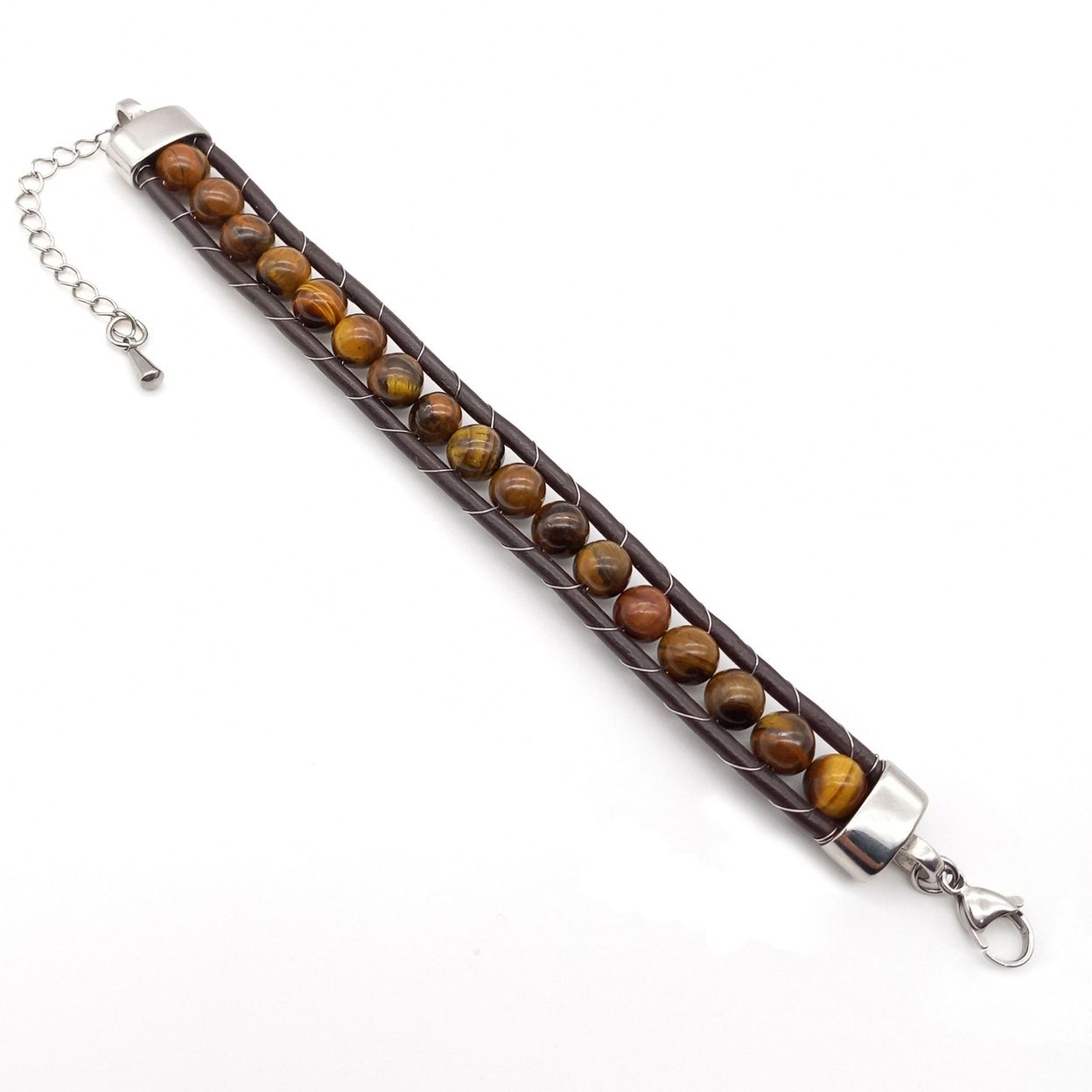 Купить Тигровый глаз, кожа, сталь. Браслет женский кожаный из натуральных камней Тигровый глаз (арт. DMBR002W)