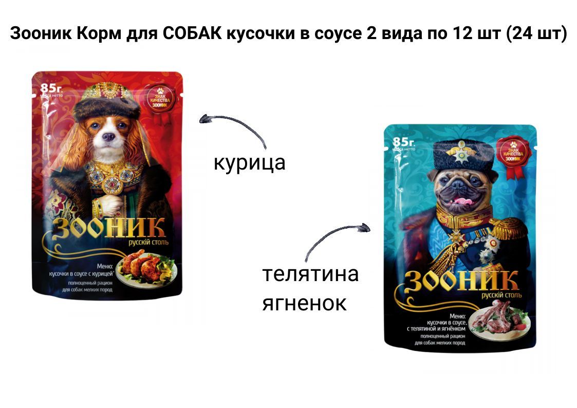 Купить Зооник Корм для СОБАК кусочки в соусе 2 вида по 12 шт, 24 шт