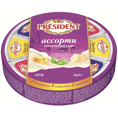 Купить СЫР ПЛАВЛЕНЫЙ PRESIDENT АССОРТИ 8 ТРЕУГОЛЬНИКОВ 140 Г . с доставкой на дом . Доставка продуктов Тюмень , доставка продуктов в Тюмени , dostavka