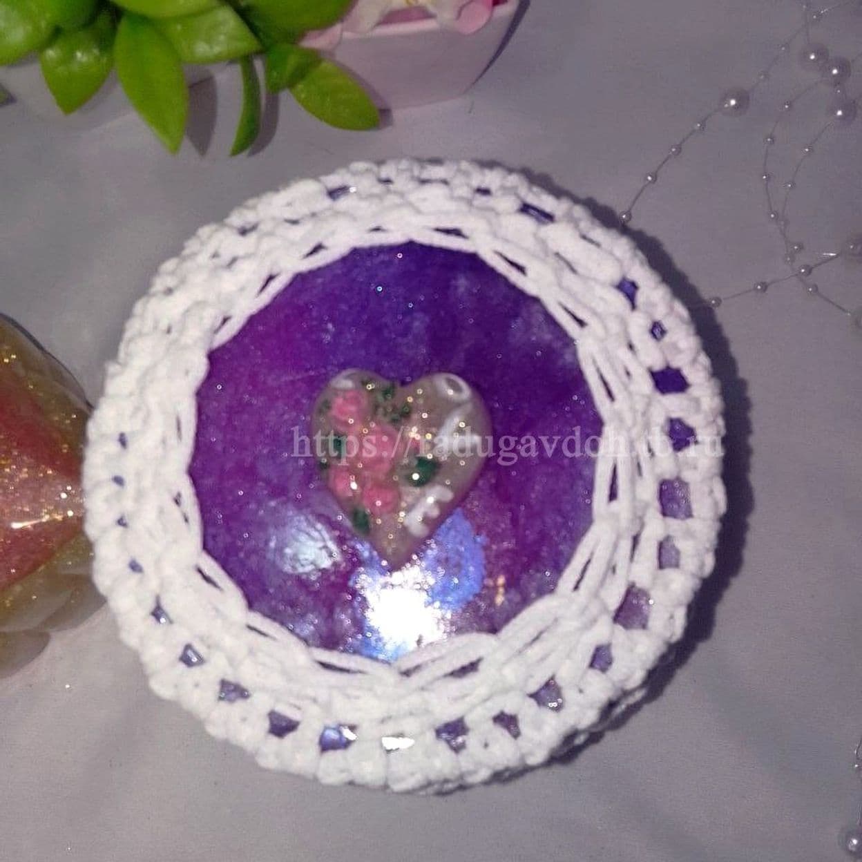 Купить 2 за 1 покупку! Шкатулка лиловая с вязанкой  и с подарком, маленькой шкатулкой. — Копия