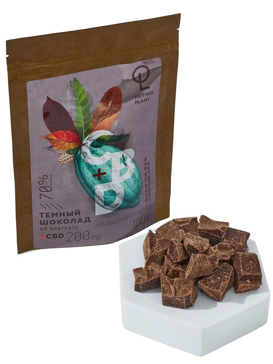 Купить Тёмный шоколад 70% какао, на эритрите, CBD 200мг, вес 100гр MotherPlant