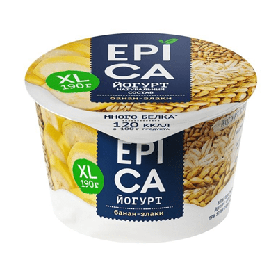 Купить ЙОГУРТ EPICA С БАНАНОМ И ЗЛАКАМИ 4,9% 190 Г. с доставкой на дом . Доставка продуктов Тюмень , доставка продуктов в Тюмени , dostavka-produktov-