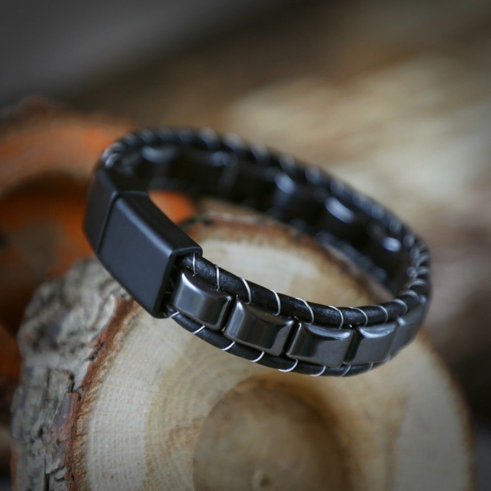 Купить Гематит, кожа, сталь. Браслет мужской / женский кожаный из натуральных камней Гематит (арт. DMBR001)