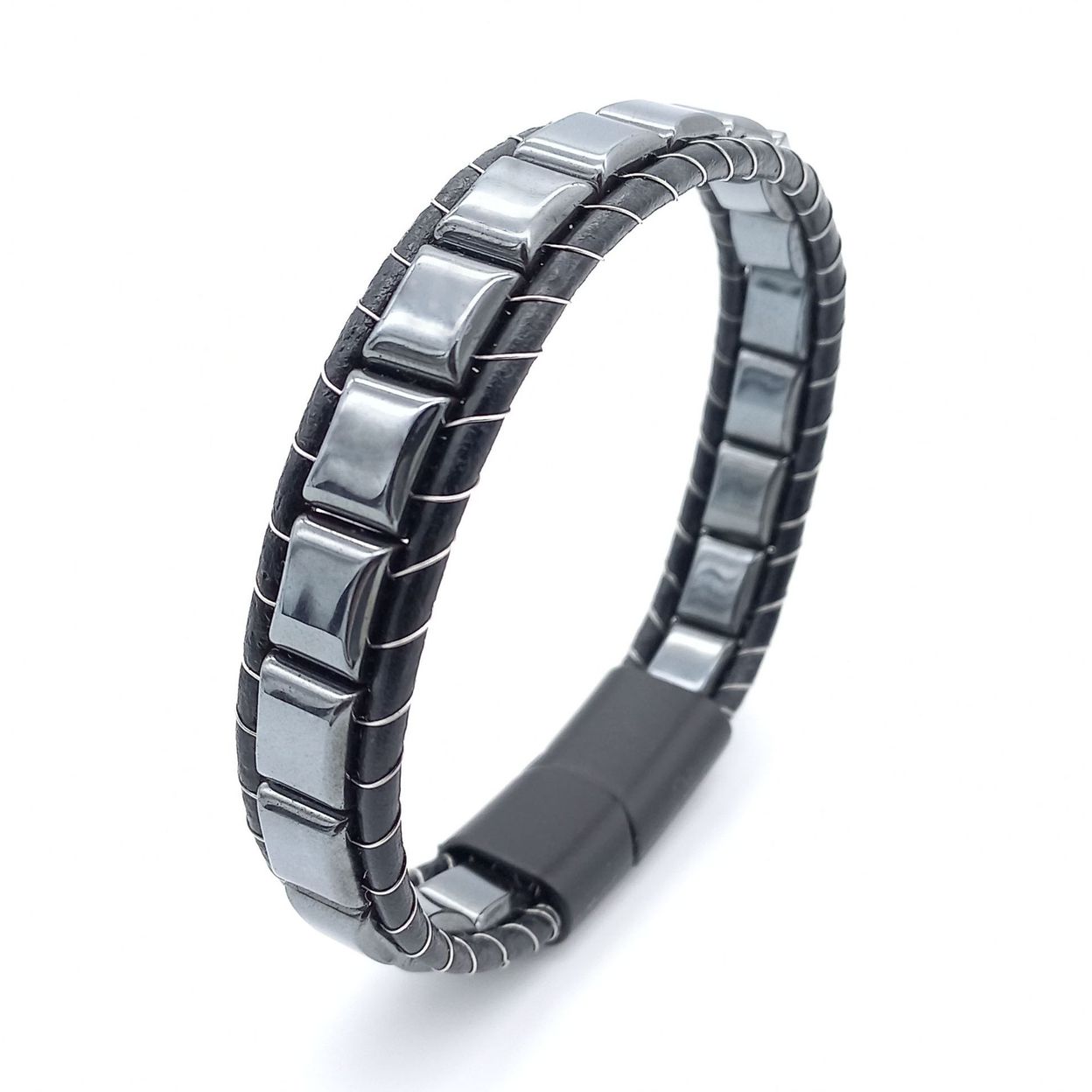 Купить Гематит, кожа, сталь. Браслет мужской / женский кожаный из натуральных камней Гематит (арт. DMBR001)