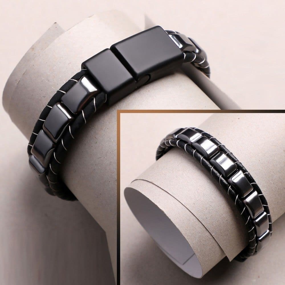 Купить Гематит, кожа, сталь. Браслет мужской / женский кожаный из натуральных камней Гематит (арт. DMBR001)