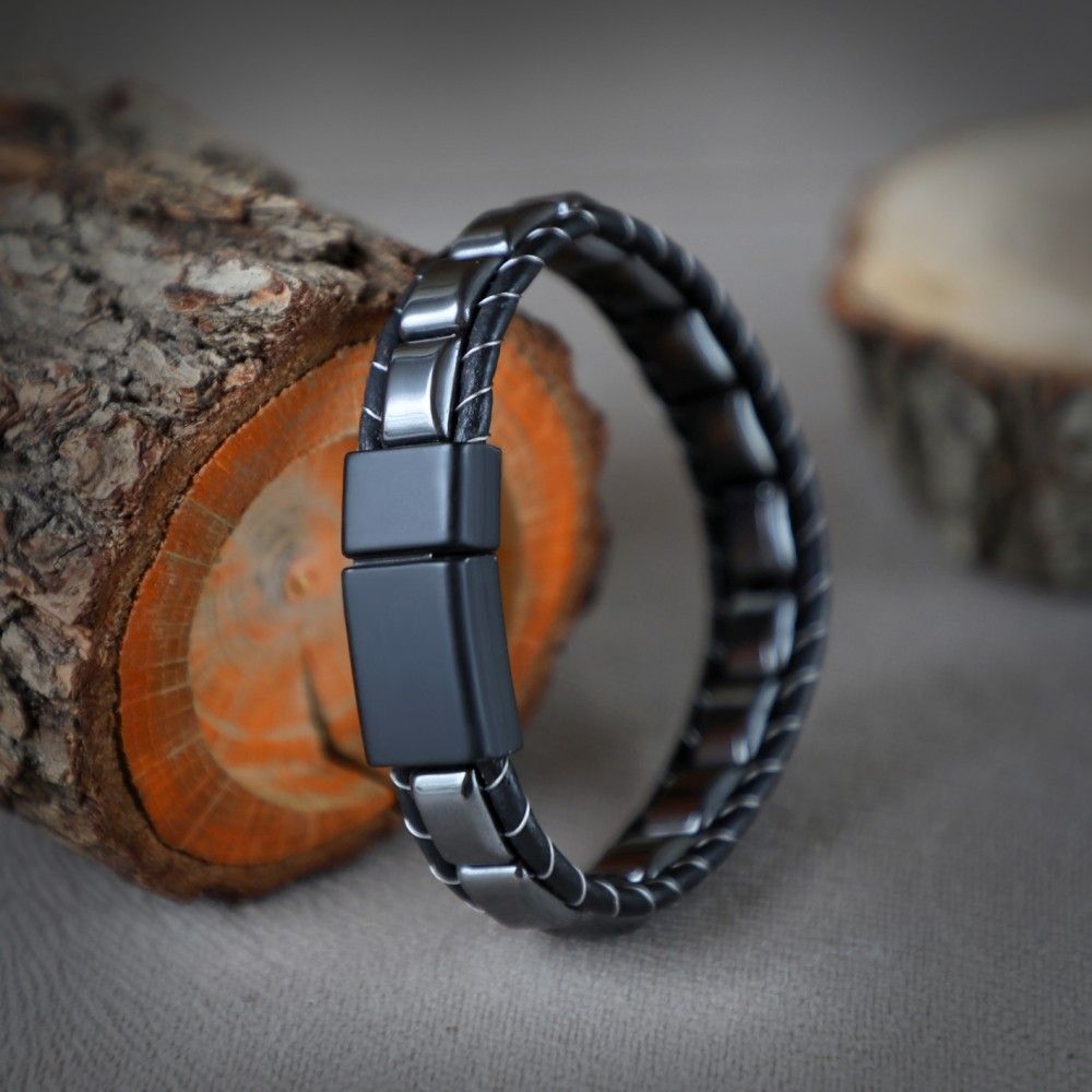Купить Гематит, кожа, сталь. Браслет мужской / женский кожаный из натуральных камней Гематит (арт. DMBR001)