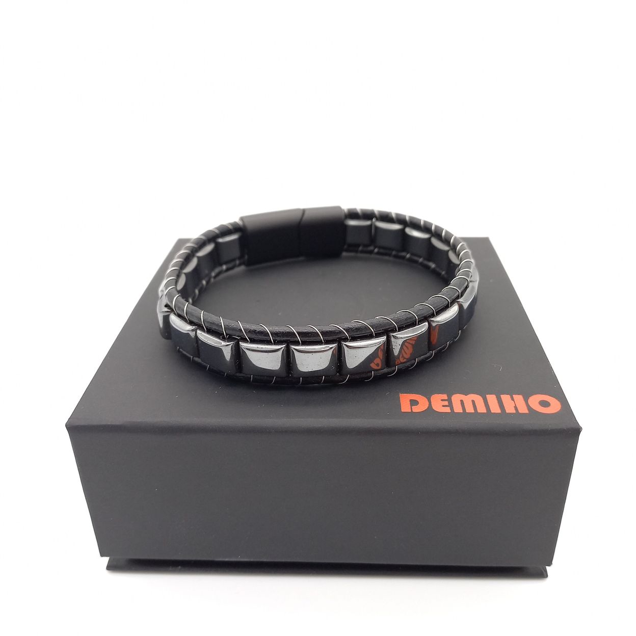 Купить Гематит, кожа, сталь. Браслет мужской / женский кожаный из натуральных камней Гематит (арт. DMBR001)