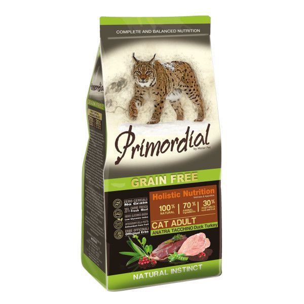 PRIMORDIAL 2кг сухой корм для кошек беззерновой утка индейка