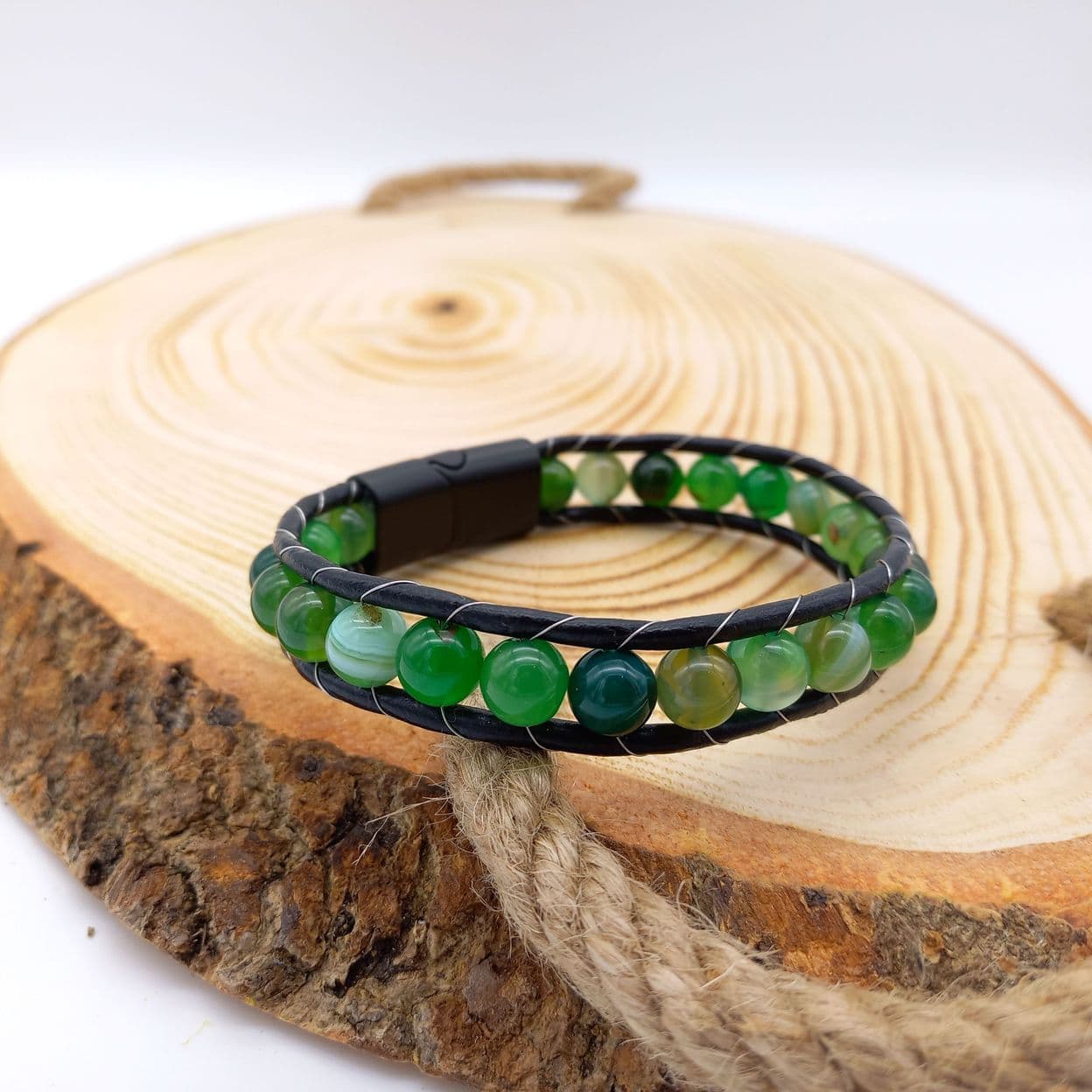 Купить Агат зеленый, кожа, сталь. Браслет мужской / женский кожаный из натуральных камней Агат зеленый (арт. DMBR010)