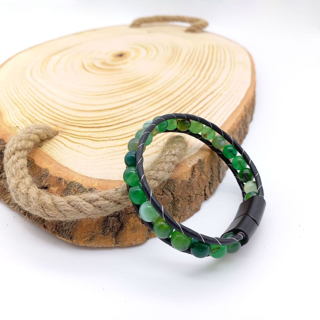 Купить Агат зеленый, кожа, сталь. Браслет мужской / женский кожаный из натуральных камней Агат зеленый (арт. DMBR010)