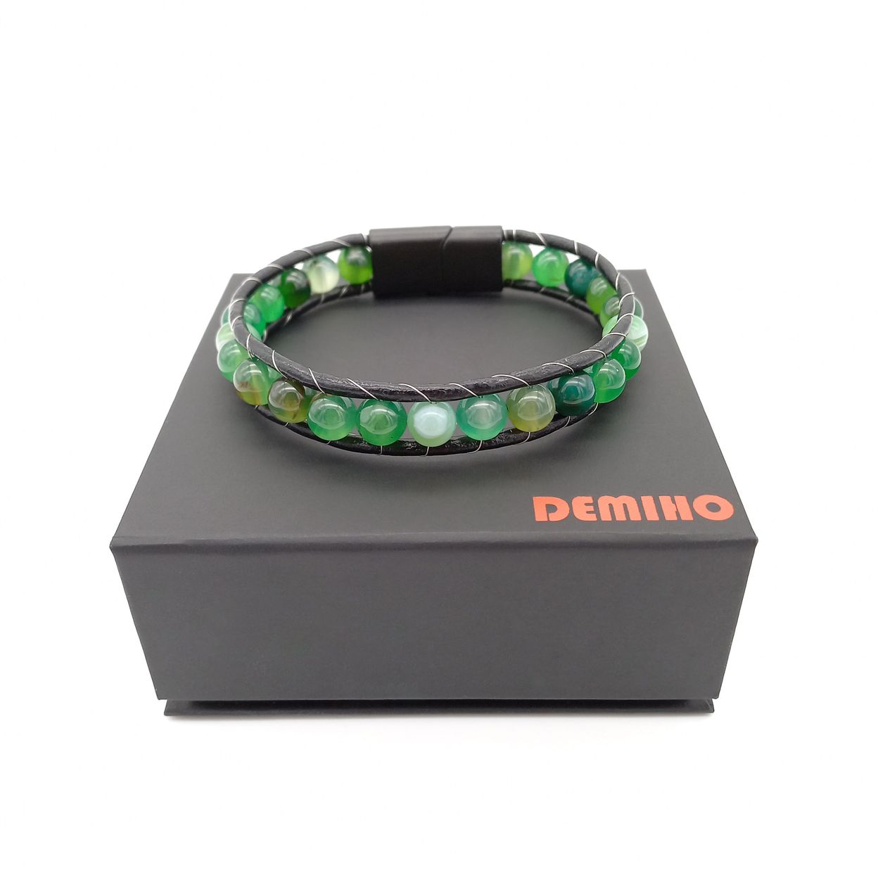 Купить Агат зеленый, кожа, сталь. Браслет мужской / женский кожаный из натуральных камней Агат зеленый (арт. DMBR010)