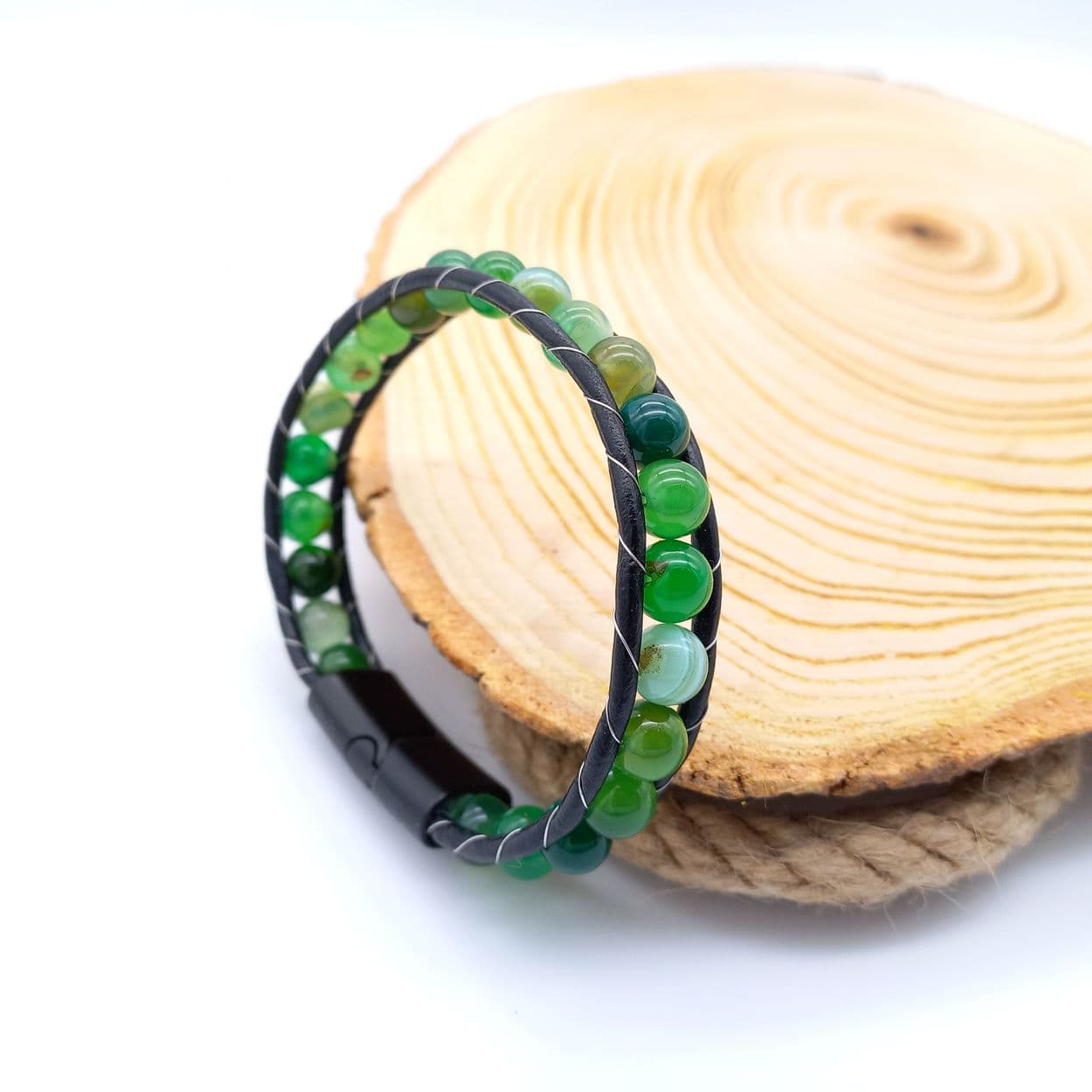 Купить Агат зеленый, кожа, сталь. Браслет мужской / женский кожаный из натуральных камней Агат зеленый (арт. DMBR010)