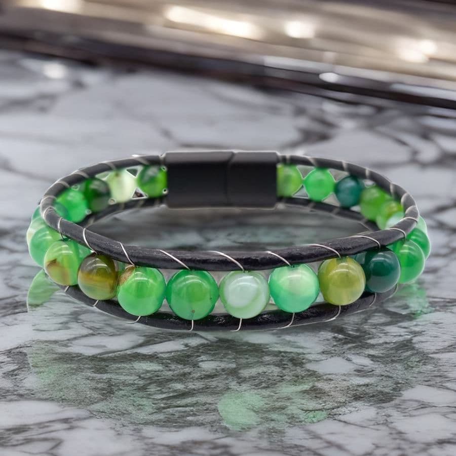 Купить Агат зеленый, кожа, сталь. Браслет мужской / женский кожаный из натуральных камней Агат зеленый (арт. DMBR010)