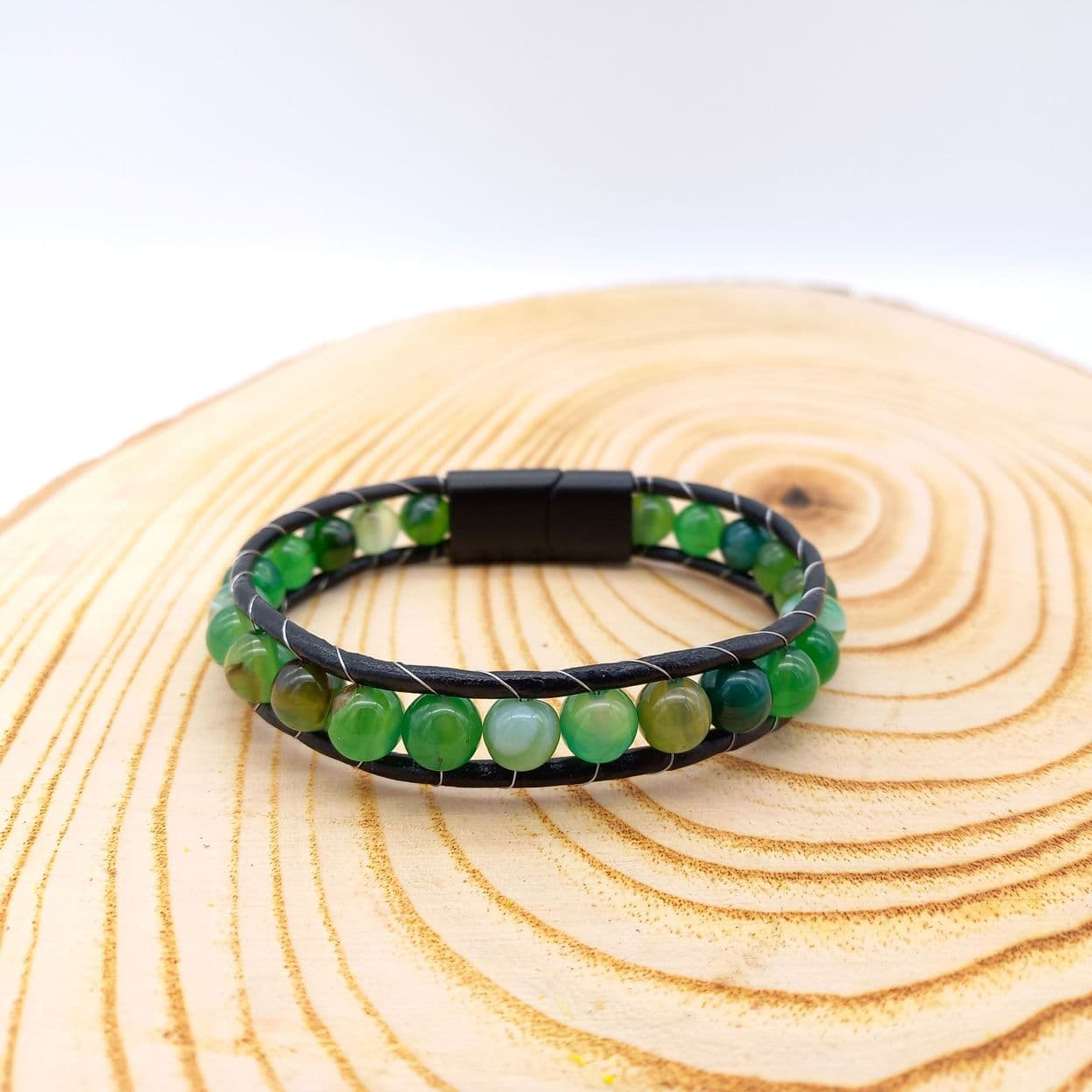 Купить Агат зеленый, кожа, сталь. Браслет мужской / женский кожаный из натуральных камней Агат зеленый (арт. DMBR010)