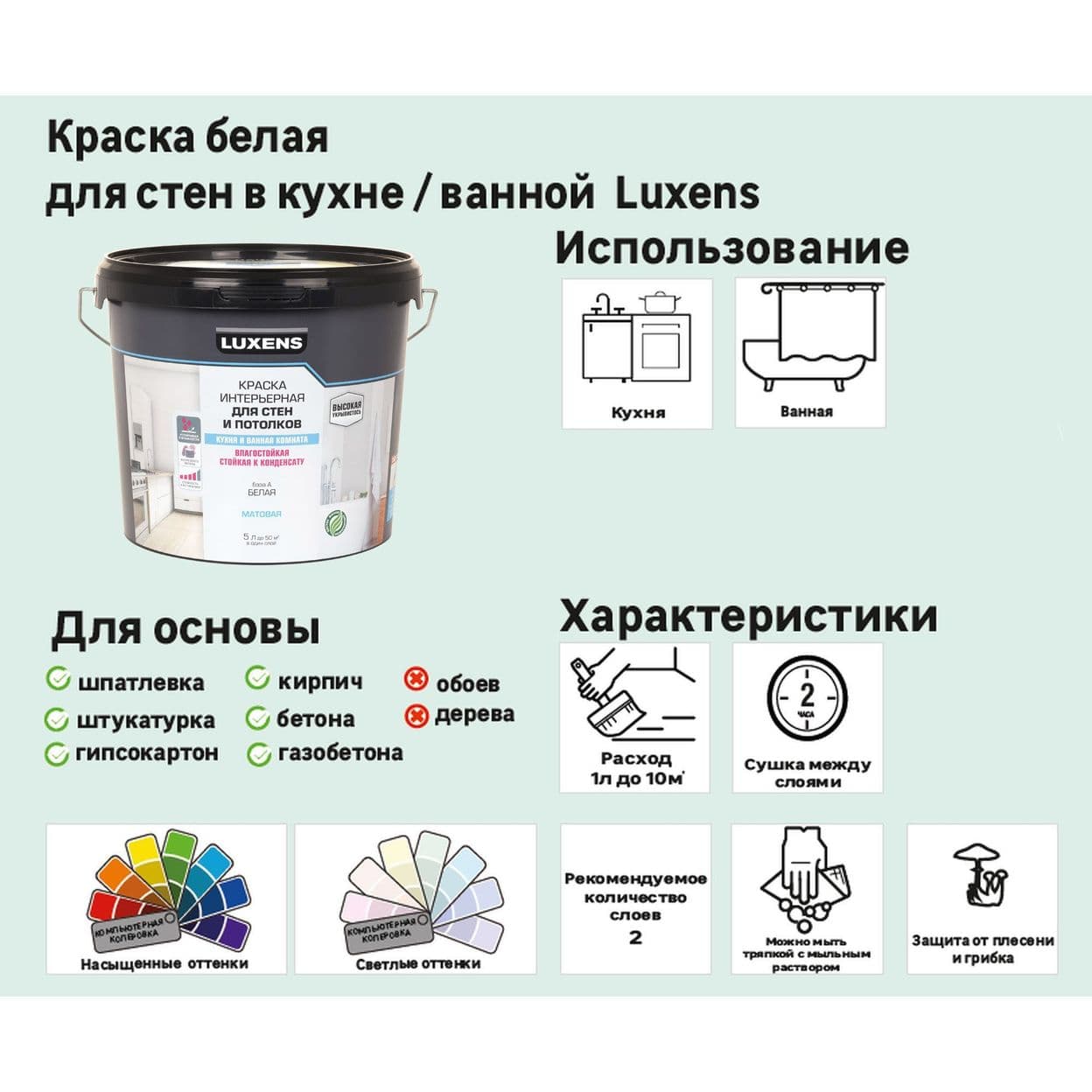 Купить Краска для стен кухни и ванной Luxens база A 5 л